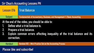 Lesson 016  Trial Balance [upl. by Oilalue399]