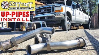 2001 F350 73  RiffRaff UpPipes Install  Stock up pipes leaking and falling apart JUNK SP [upl. by Enelec862]