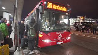 Sweden Stockholm winter night ride with bus 583 from Arlanda Airport T5 to Märsta railway station [upl. by Levina]