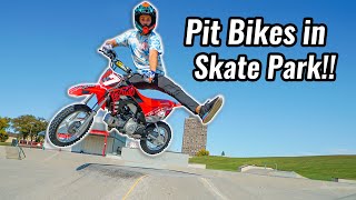 Riding Pit Bikes in Skate Park [upl. by Goltz827]